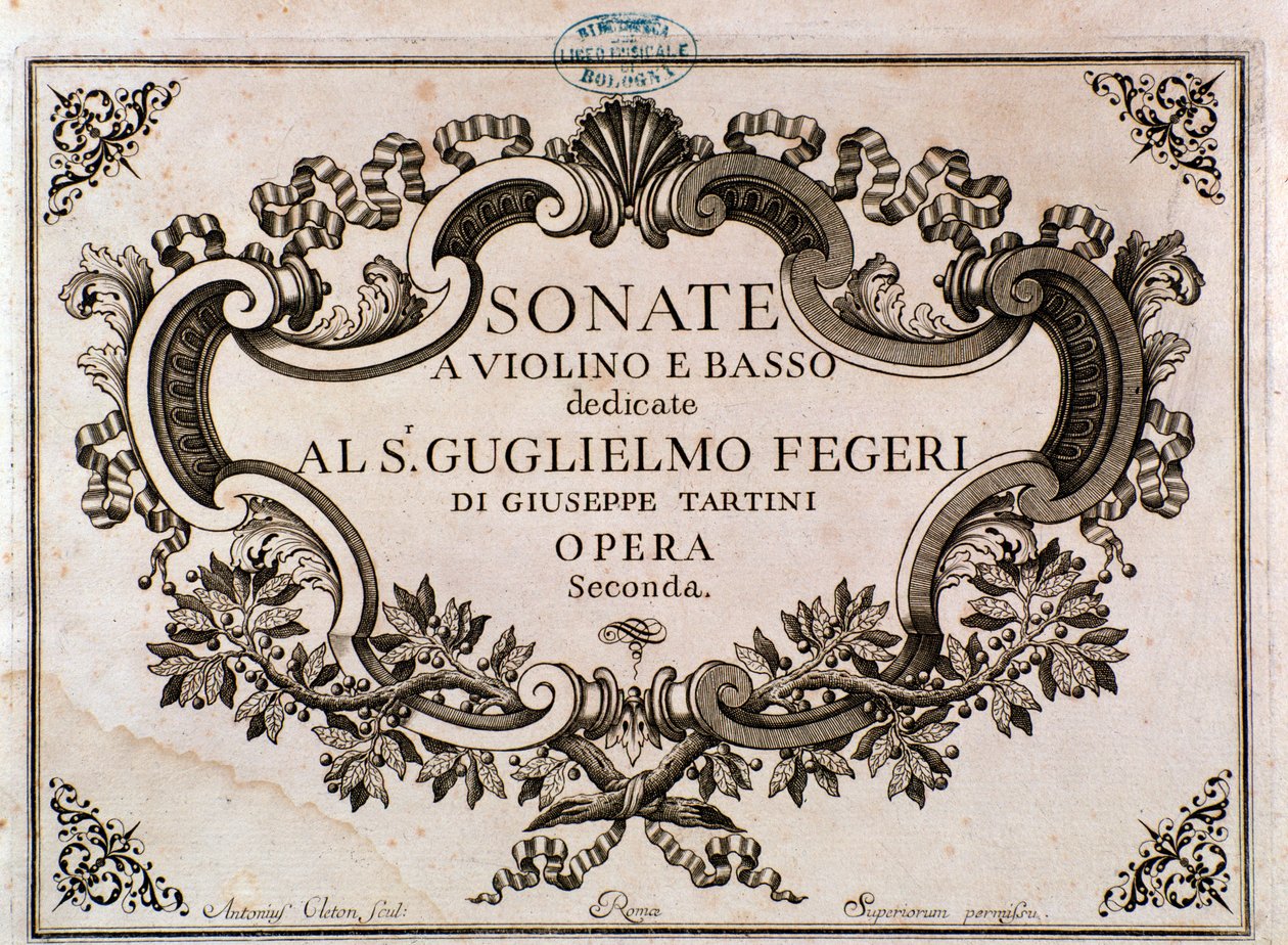 Giuseppe Tartini (litho) szonátáihoz készült zenei kotta előlapja alkotó: Italian School