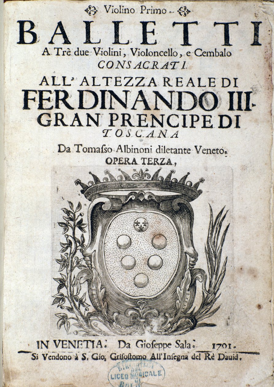 Tomaso Albinoni (1671-1750) Balletti a tre című operájának III. alkotó: Italian School