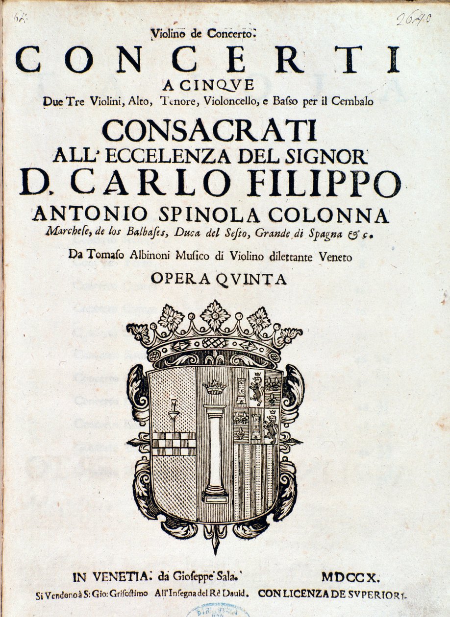 Tomaso Albinoni „Concerti a cinque, Opera 5” című kottájának előképe alkotó: Italian School