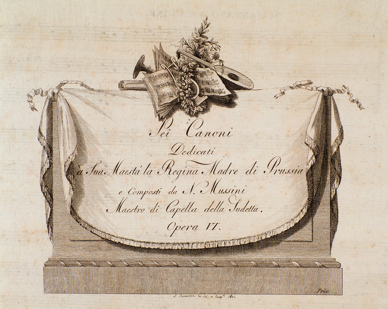 Natale Mussini (1765-1837) olasz zeneszerző Sei canoni című kottájának frontképe, amelyet Poroszország királynőjének ajánlott alkotó: Italian School