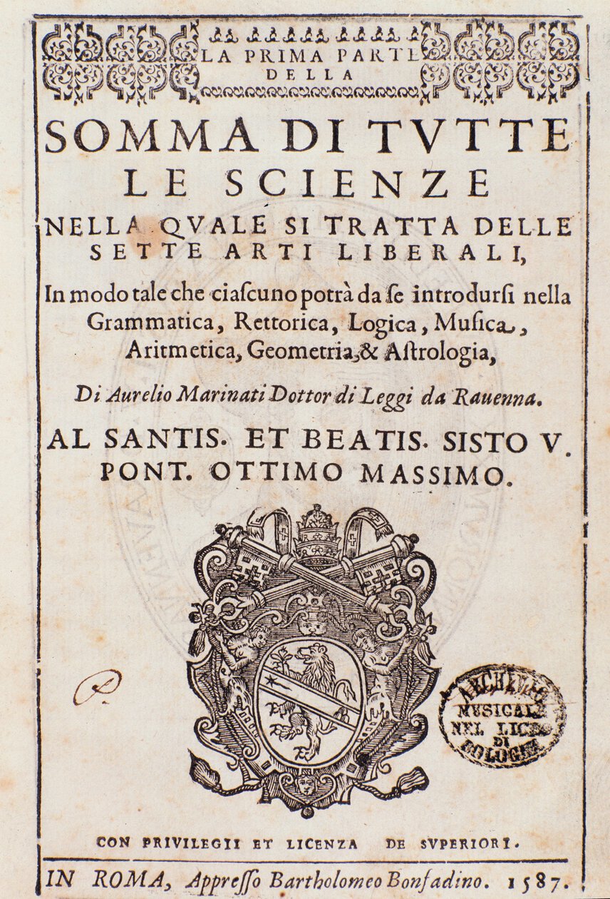 Az összes tudomány összessége, a bölcsészettudományi esszéből vett előlap, Aurelio Marinati alkotó: Italian School