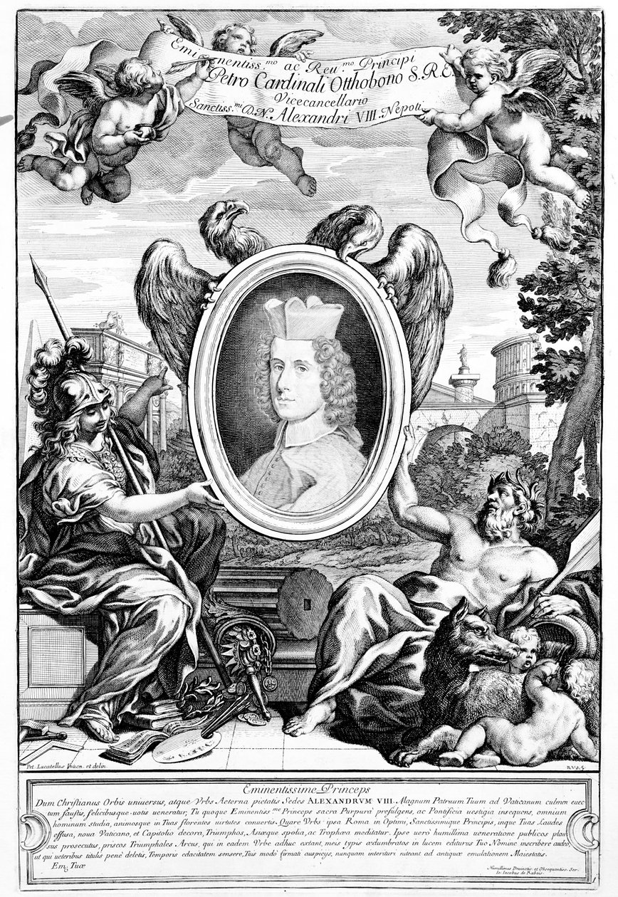 Augustus ősi boltívének homlokzata Pietro Ottoboni bíboros portréjával, Robert van Audenaerde metszetével, 1690 alkotó: Italian School