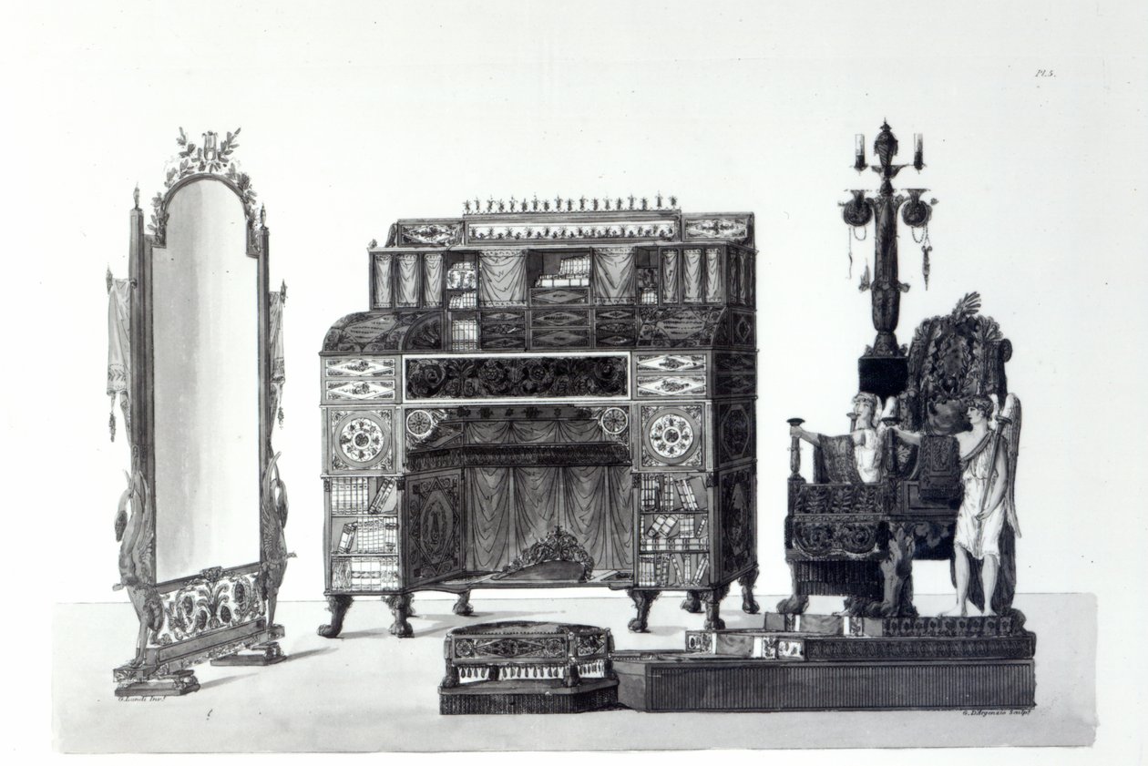 Görög stílusú bútorok Gaetano Landi építészeti dekorációiból, metszett G. DArgenzio, 1810 alkotó: Italian School