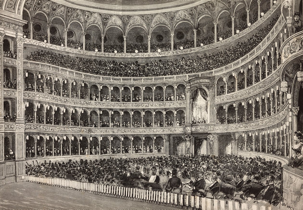 Gálaest a Costanzo Színházban Németország trónörökösének (a leendő III. Frigyes) tiszteletére, Róma, Olaszország, metszet Dante Paolocci rajzából, a L