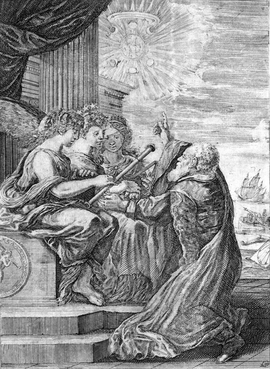 Galileo csillagász (1564-1642) bemutatja a távcsövet a három gráciának. Jobb kezével a Jupiter bolygót jelzi saját maga által felfedezett és a Medici családnak szentelt műholdjaival. Frontispice de "" Opere di Galileo"" Bologna alkotó: Italian School