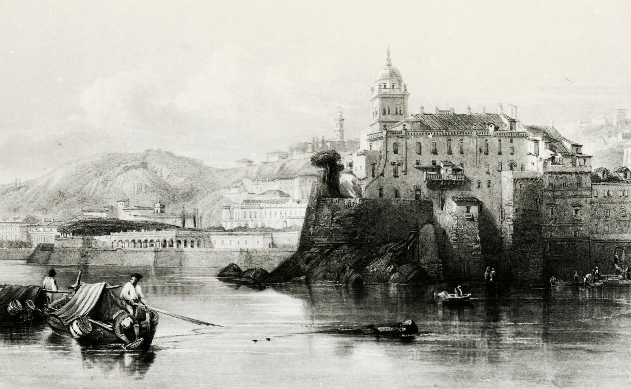 Genovai kikötő fala Villa Doria Pamphilivel a háttérben, metszet, kb 1850, Olaszország alkotó: Italian School