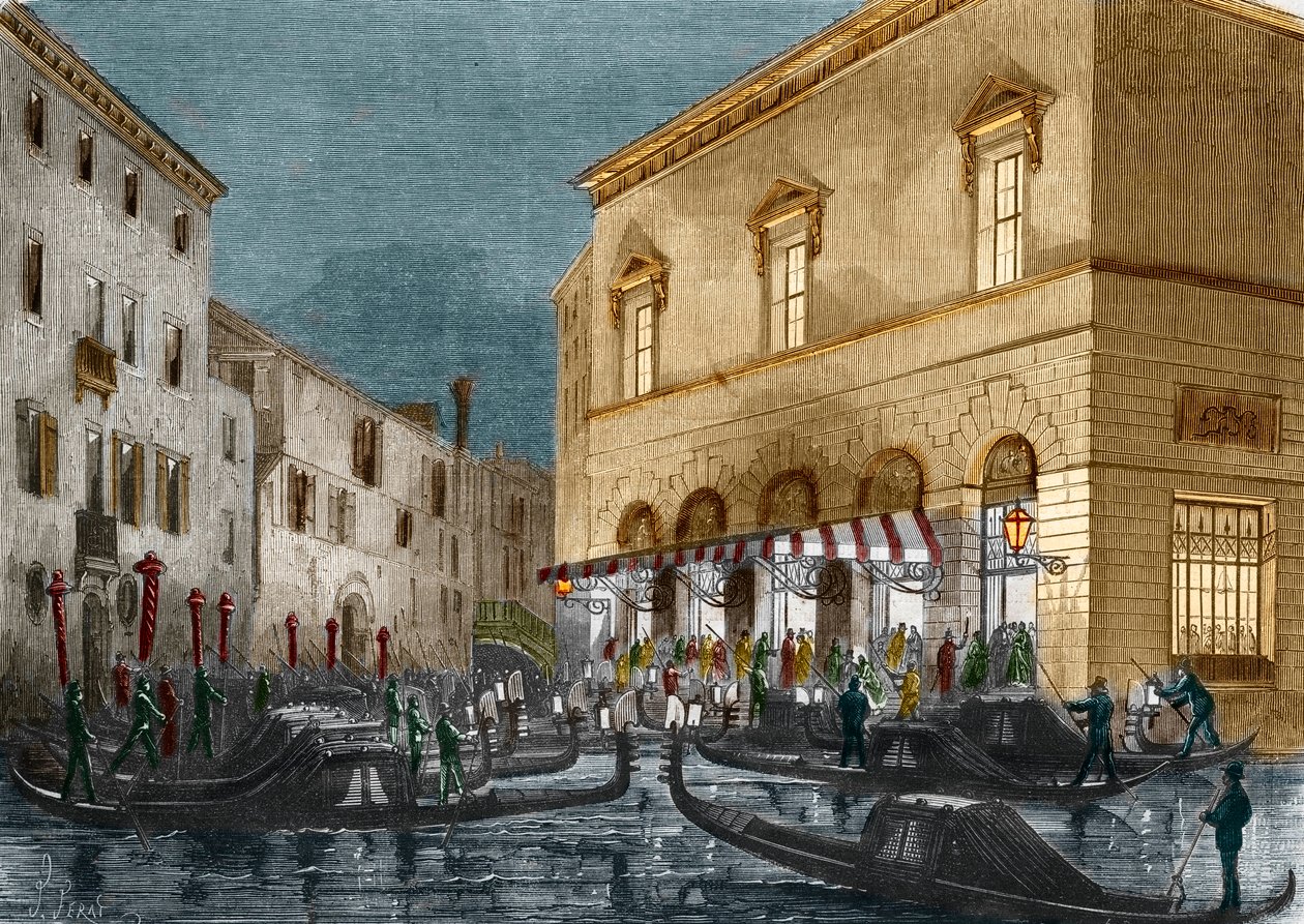 Gondoliások várják a nézőket a Teatro La Fenice előtt, Velence, Olaszország, a Le Monde Illustre n°564, 1868 alkotó: Italian School