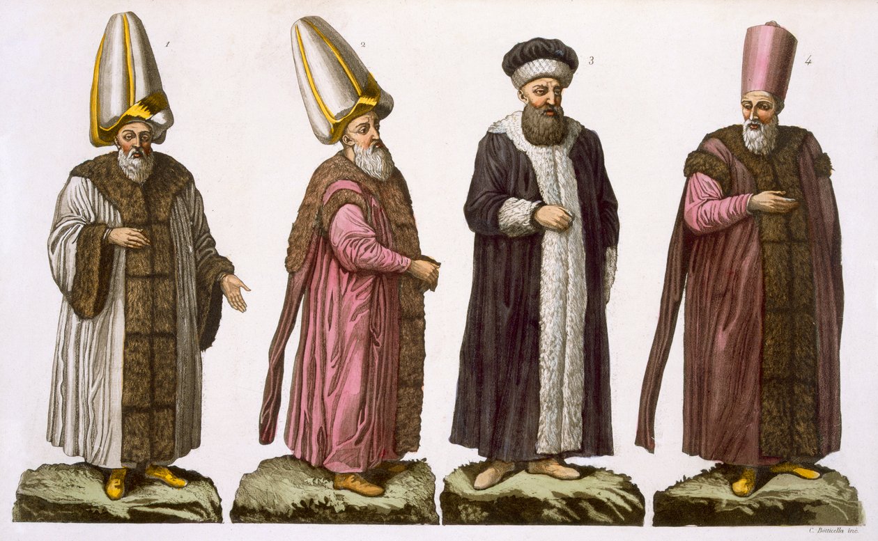 Grand Visir, Caim-Mecam, Reis-Efendi és Khodjakian, 15. tábla a Nemzetek története I. kötet III. részéből, C. Botticella metszete (akvatinta) alkotó: Italian School