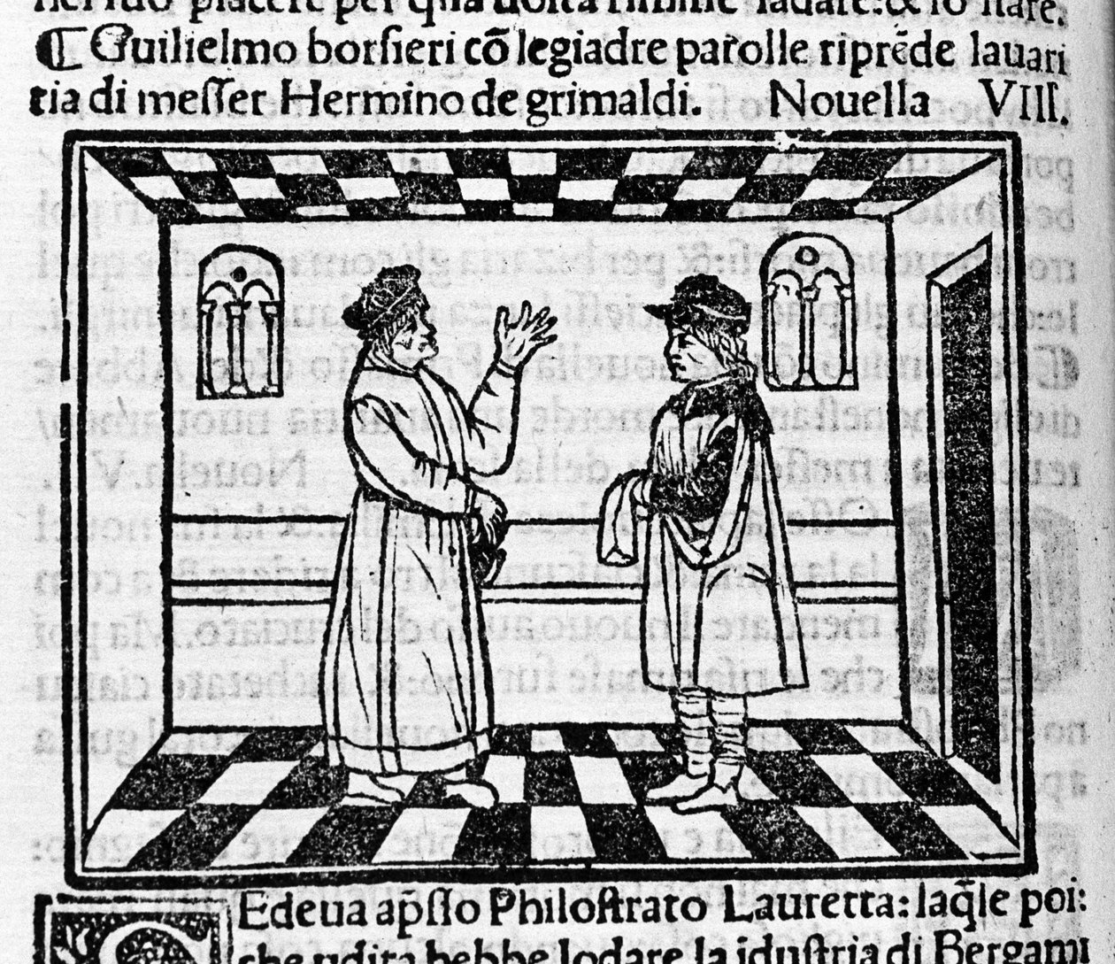 Grimaldi fukar Erminioja szembesül Guglielmo Borsiere-rel, aki szép szavakkal próbál pénzt kicsikarni tőle. Illusztráció a „Dekameron” új 61-éhez (az első napi új 8-hoz), Giovanni Boccaccio dit Jean Boccaccio (1313-1375) olasz írótól. Gravírozás alkotó: Italian School