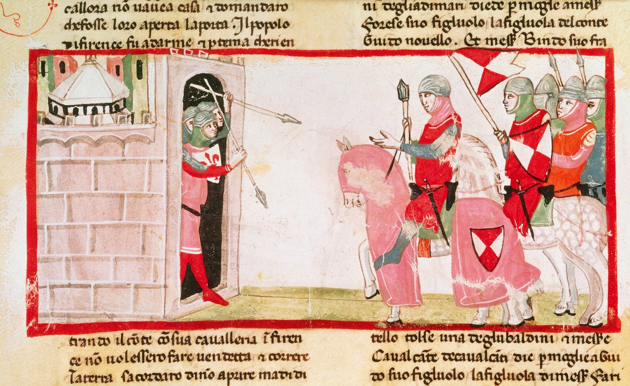 A guelfek megakadályozzák, hogy Ghibellinék újra bejussanak a városba, miniatűr Giovanni Villani Krónikájából, kézirat, Olaszország 14. század. alkotó: Italian School