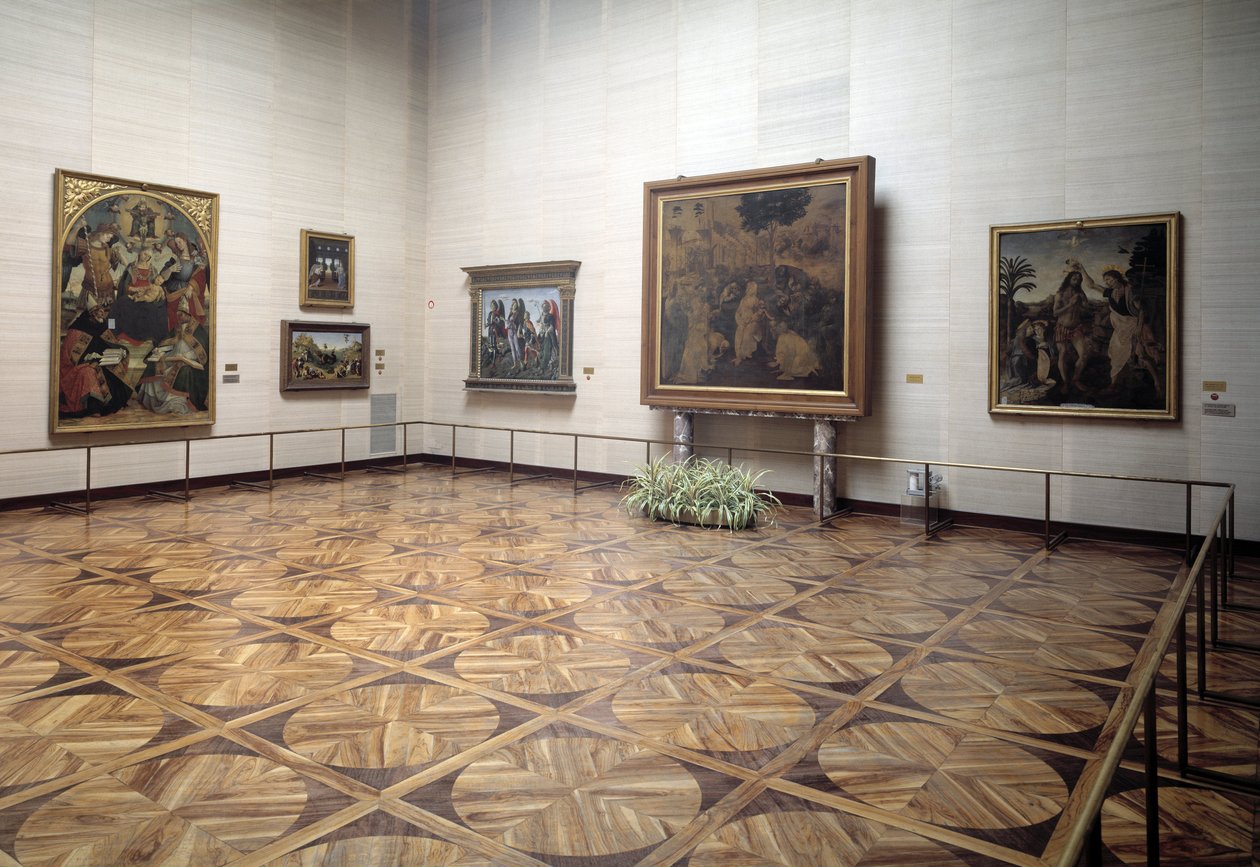 Vinci Mágusok imádását, Verrocchio és Vinci Krisztus megkeresztelését, Signorelli Szentháromságát Szűzzel és Szentekkel bemutató múzeum terme alkotó: Italian School