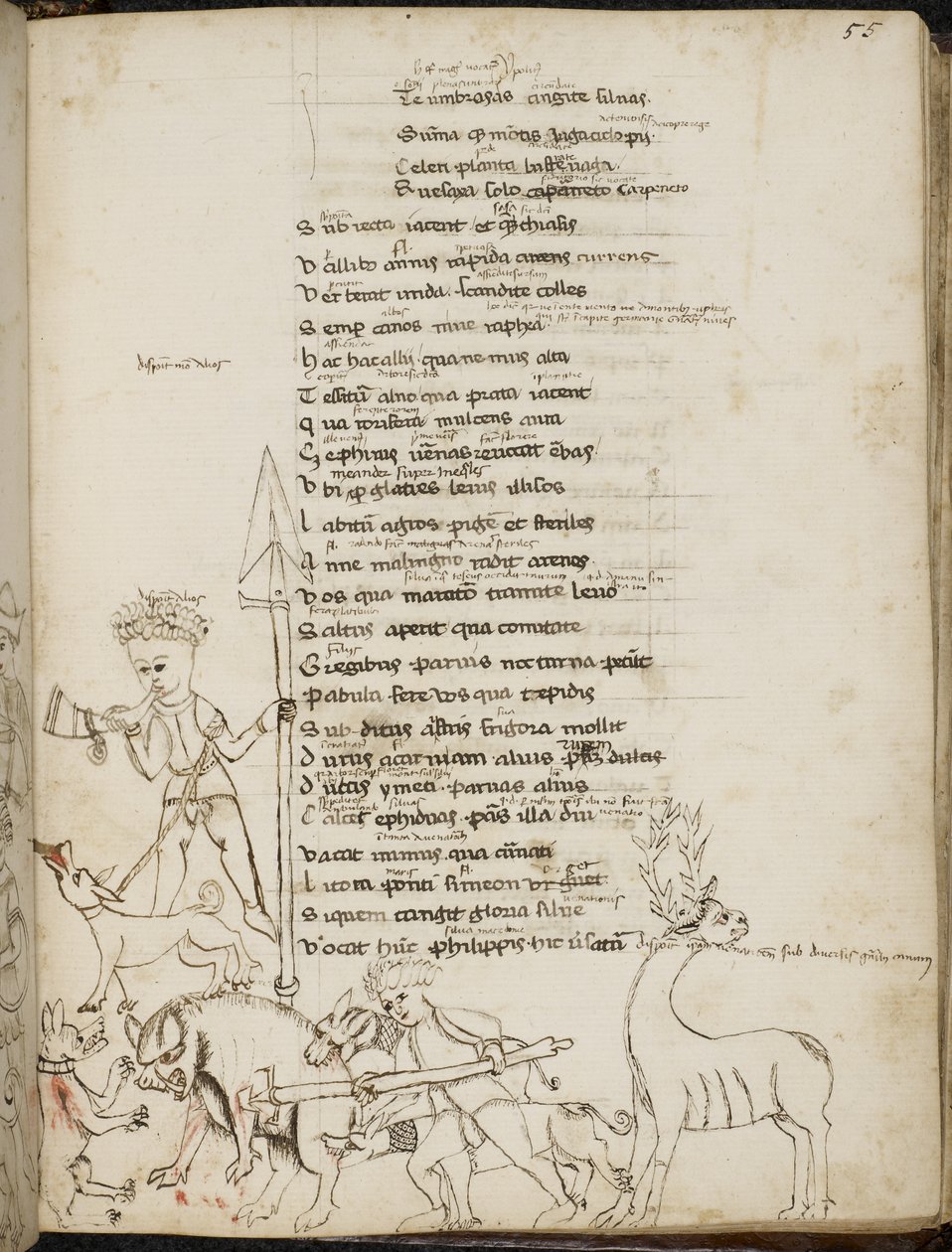 Harley 2453, f.55 Vadászjelenet vaddisznóval, szarvassal, vadászokkal, kutyákkal és nyúllal, a Tragodiae-ból, Lucius Annaeus Seneca alkotó: Italian School