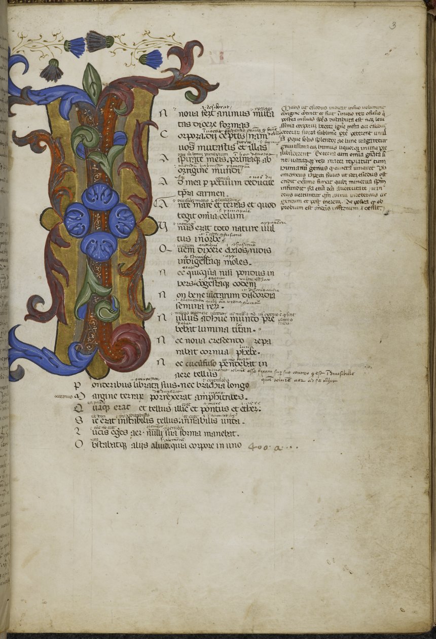 Harley 2769, f.3 Díszített kezdőbetű „I”(n) Ovidius Metamorphoses című művének elején, 1400 körül (tinta és szín pergamen) alkotó: Italian School