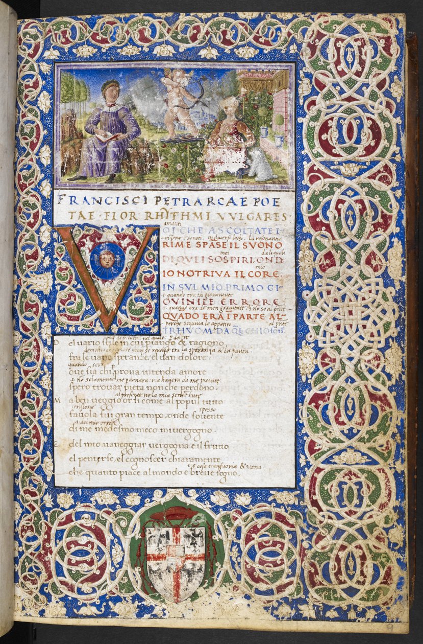 Harley 3567, f.9 Petrarch és Laura miniatűrje, Love-val, amely a nyilát Laurára célozza, a „Rime and Trionfi”-ból alkotó: Italian School