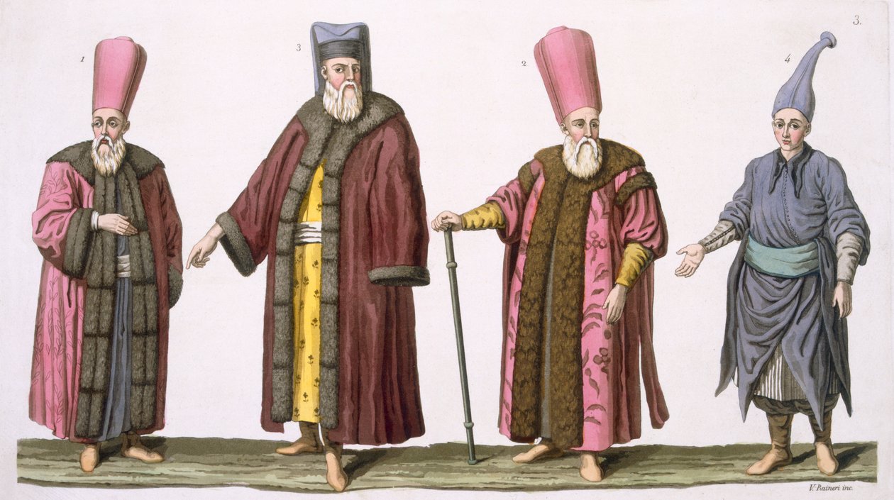 A Hárem vezető Usherje, a Harem Ushers kapitánya, Harem Usher és Pageboy, 3. tábla A Nemzetek története I. kötet III. részéből, V. Raineri metszet (akvatinta) alkotó: Italian School