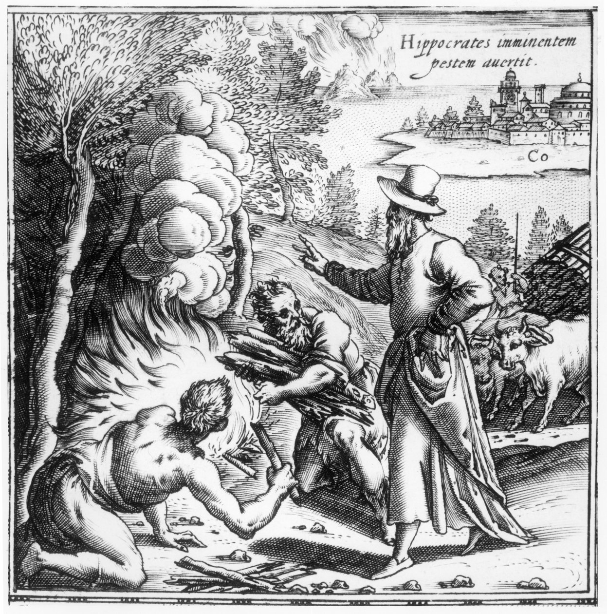 Hippokratész (Kr. e. 460-kb.-kb. 377) a ragály jelentőségét magyarázza a pestisjárványban, címlap a Hippocratis Opera Quae Extant-ból, kocsma. Velencében, 1588 alkotó: Italian School