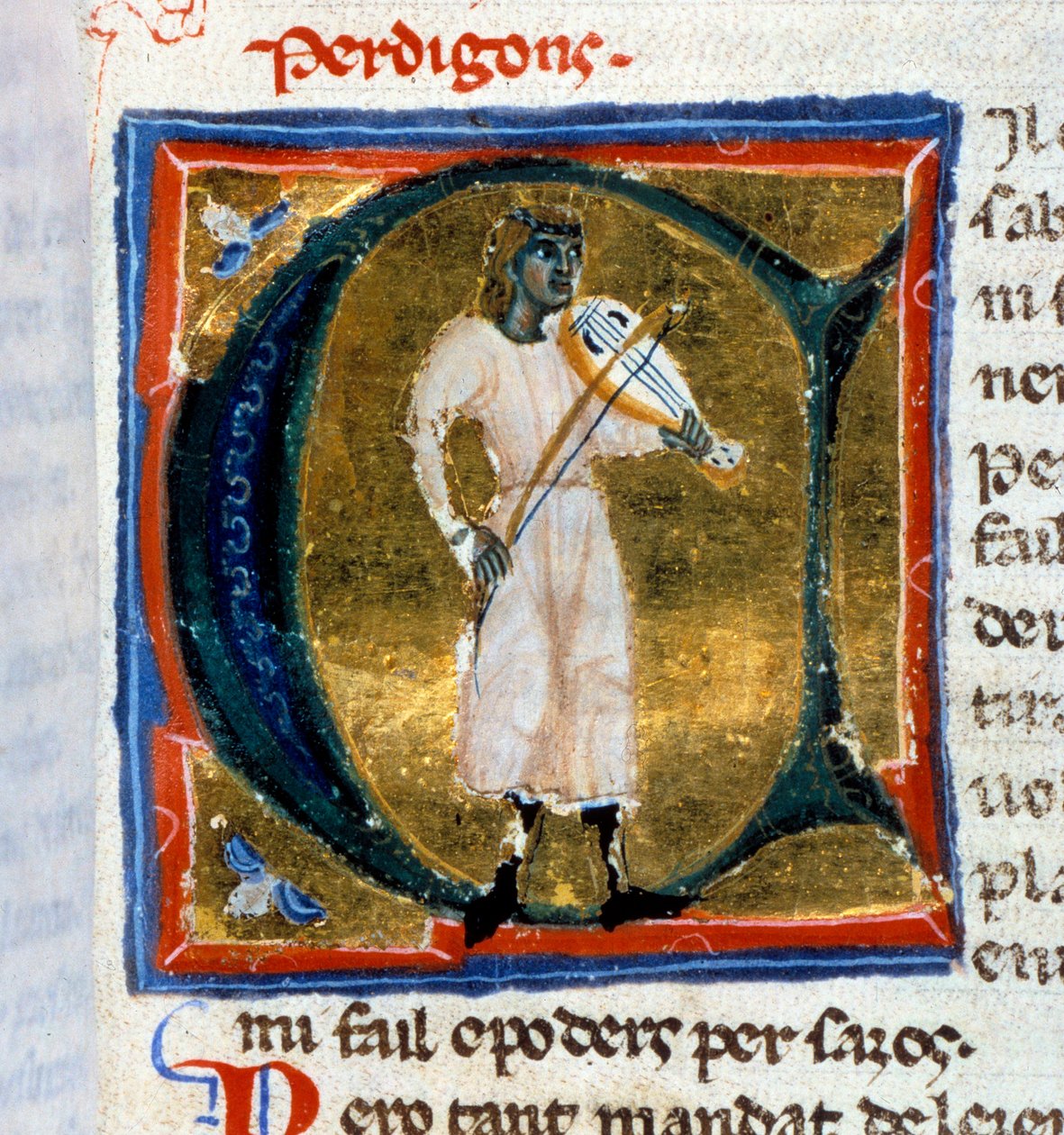 Történész levél (A betű). Az öreget játszó Perdigon trubadúr. Minatúra a „Chansonnier provencal” (Folio 36) kéziratból, Perdigon írta, és a Velence-Padova Atelier másolta. alkotó: Italian School