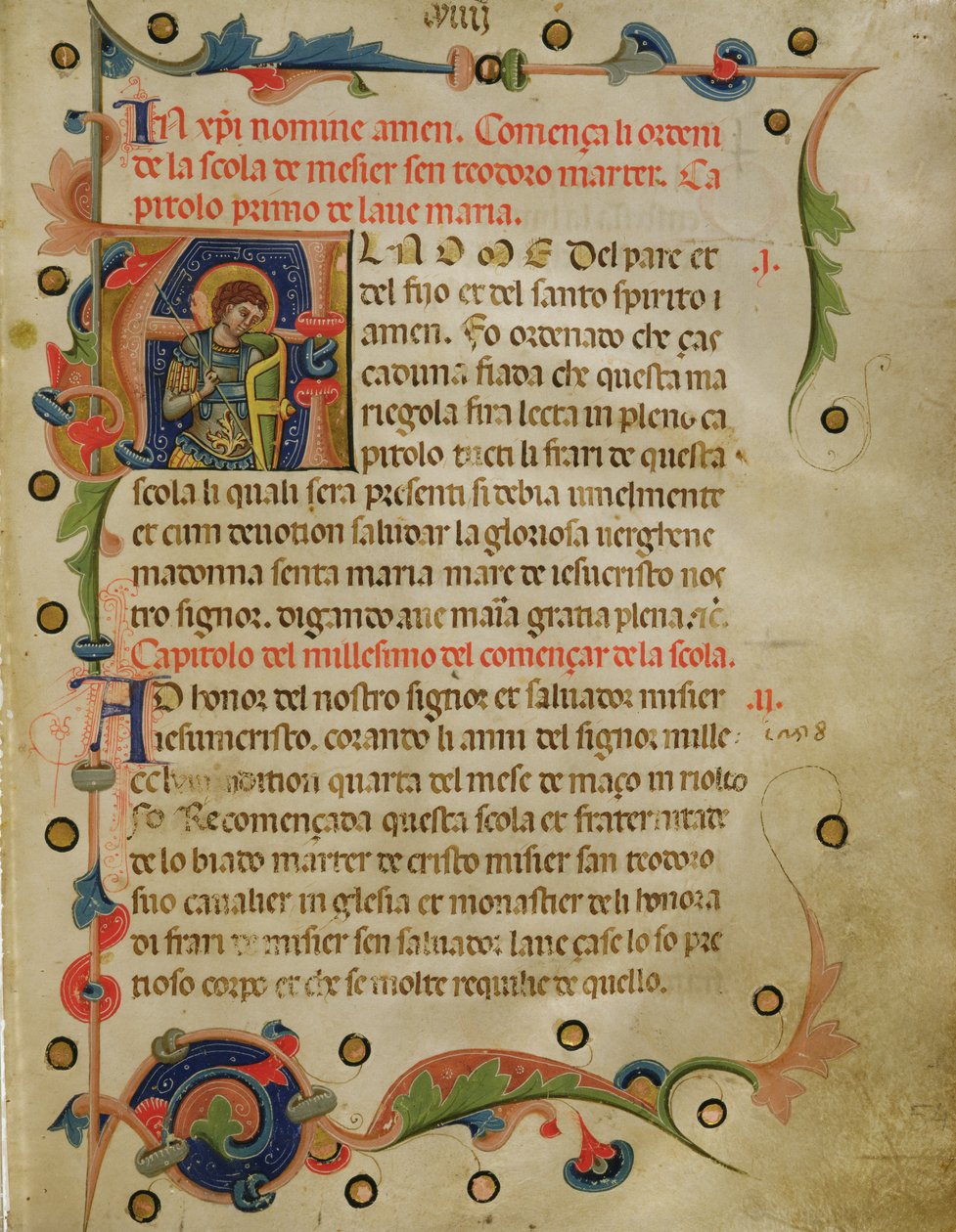 Történelmi kezdetű „A”, amelyen St. Theodore látható, egy Mariegolából, 1350 (tinta pergamen) alkotó: Italian School