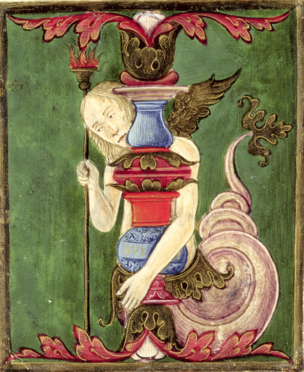 Történelmi kezdetű „I”, amely egy szárnyas sellőt ábrázol (vellum) alkotó: Italian School