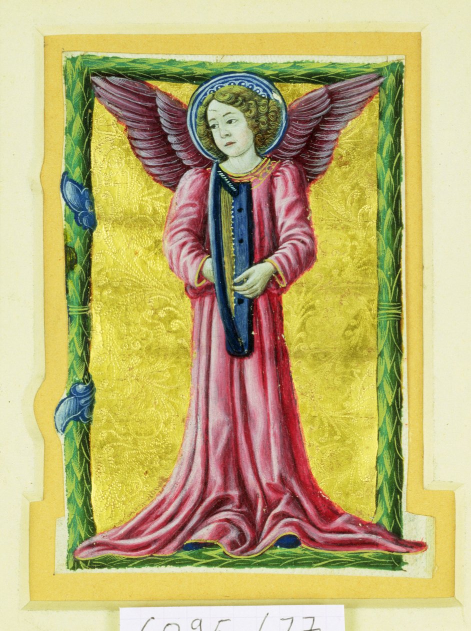 Történelmi kezdetű „I”, amely egy angyal-zenészt ábrázol, aki hárfán játszik (vellum) alkotó: Italian School