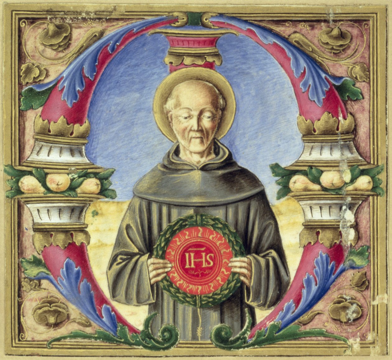 Történelmi kezdetű „M”, amely Sienai Szent Bernardinót ábrázolja (vellum) alkotó: Italian School
