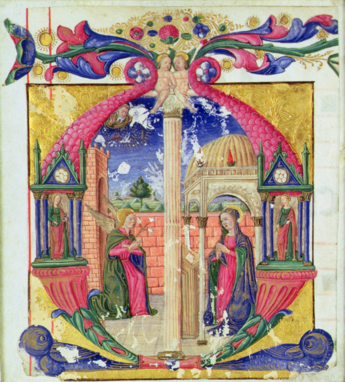 Az Angyali üdvözletet ábrázoló előzményezett „M” kezdőbetű, 1475 körül (vellum) alkotó: Italian School