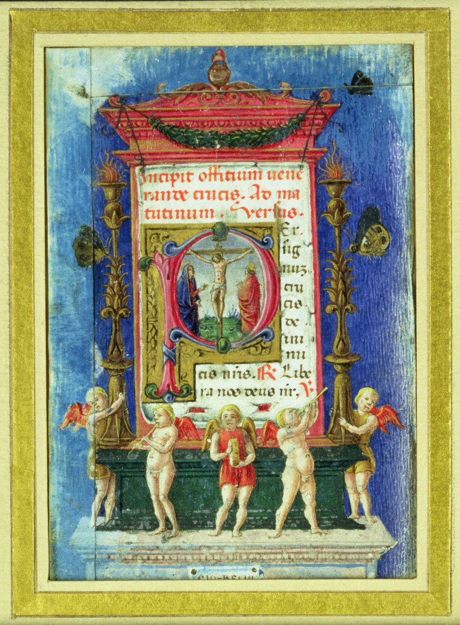 Történelmi kezdetű „P”, amely a keresztre feszítést ábrázolja, oldal az órák könyvéből (vellum) alkotó: Italian School