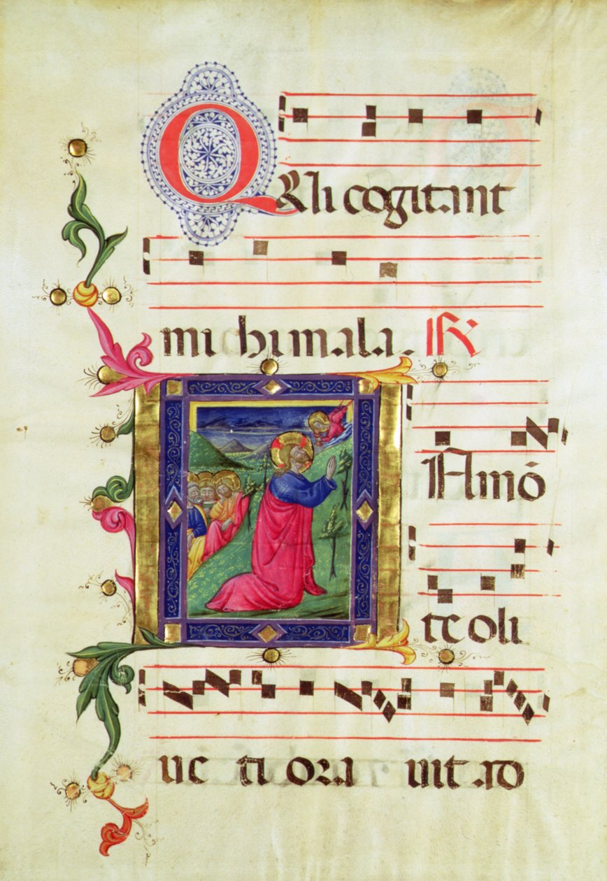 Történelmi „Q” kezdőbetű, amely az Agóniát a kertben ábrázolja (vellum) alkotó: Italian School