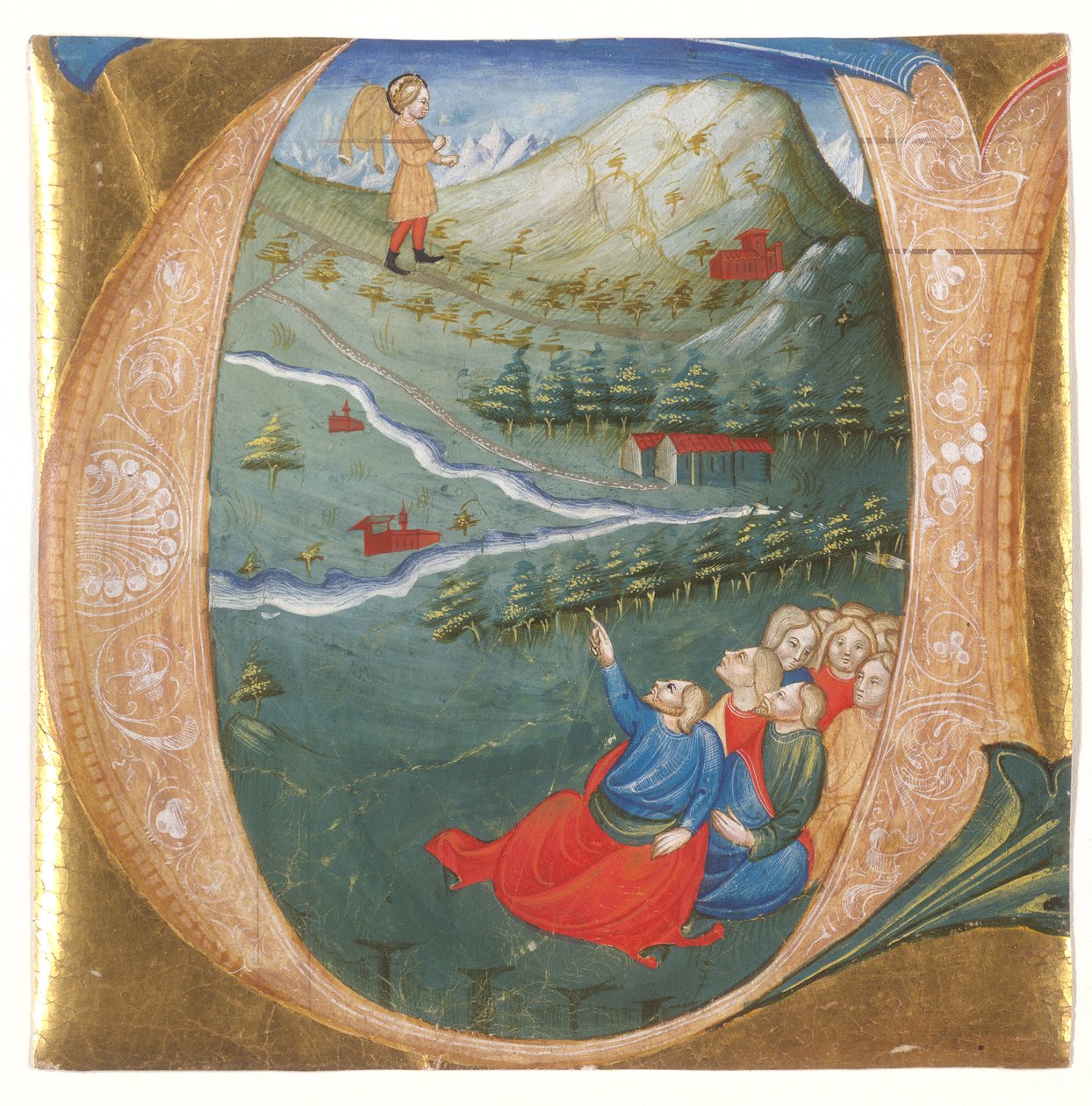 Elizeust Illés köpenyében ábrázoló történelmi kezdetű, antifóniából kivágva, 1440 körül (tempera és aranylevél pergamenen) alkotó: Italian School