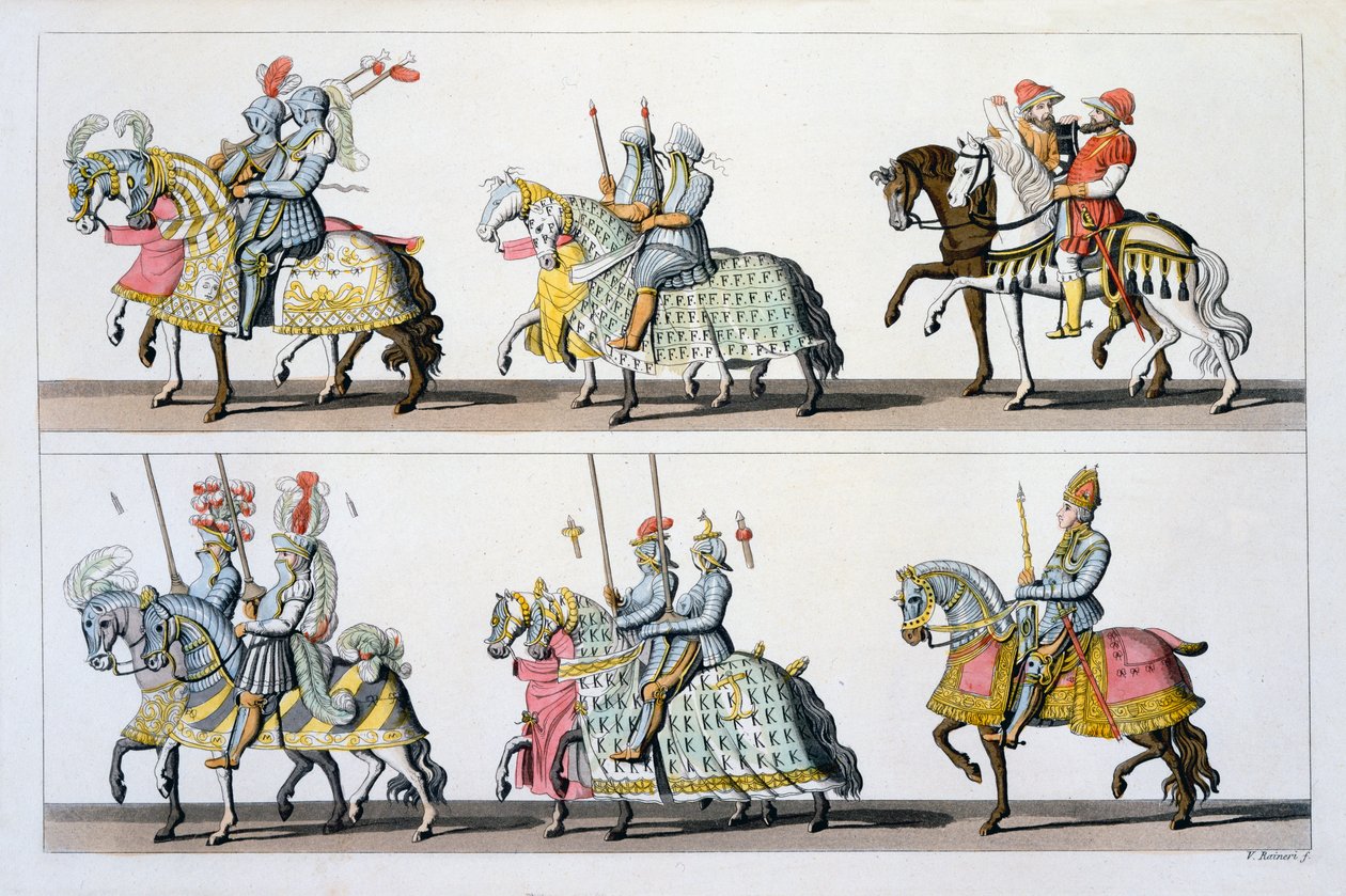Szent Római Birodalom: A luxemburgi kastélyban rendezett verseny résztvevői I. Maximilian idejében, Costumi dei Romaniból, Svizzeriből. 1800-18. alkotó: Italian School