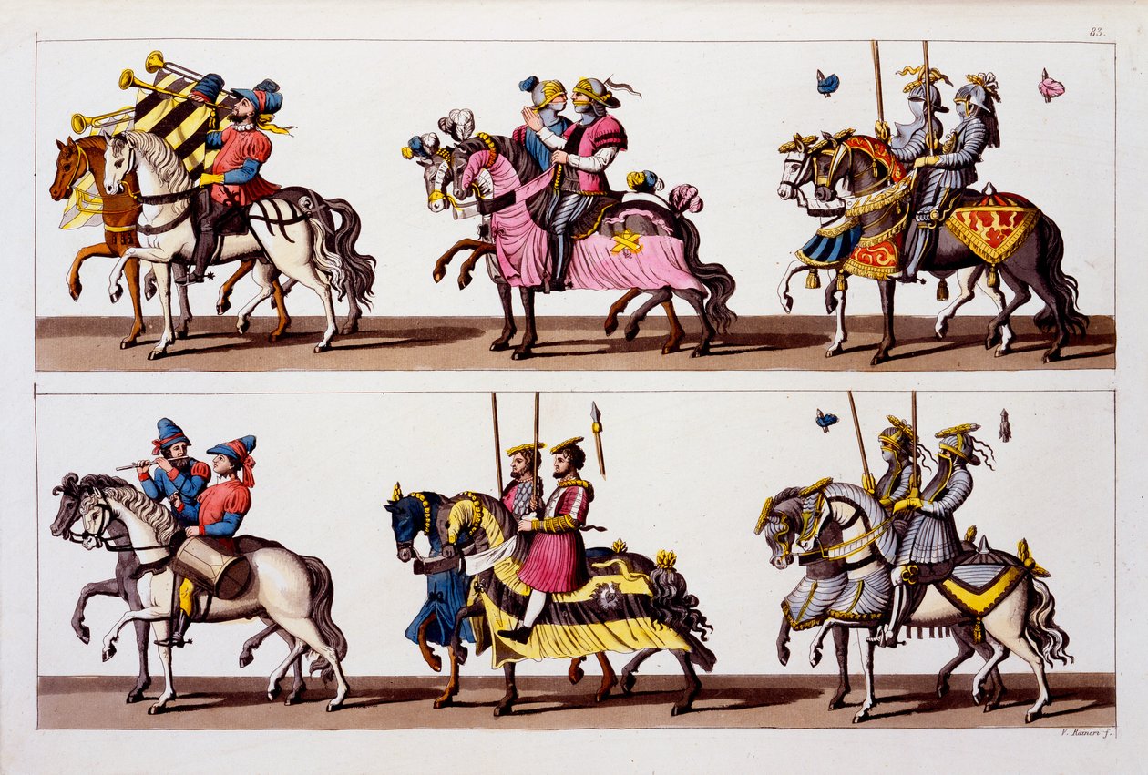 Szent Római Birodalom: A luxemburgi kastélyban rendezett verseny résztvevői I. Maximilian idejében, Costumi dei Romaniból, Svizzeriből. 1800-18. alkotó: Italian School