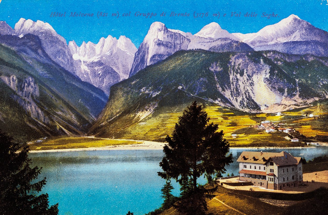 Hotel Molveno a Brenta csoporttal és a Val delle Seghe-vel, képeslap, Trentino-Alto Adige, Olaszország, 20. század alkotó: Italian School