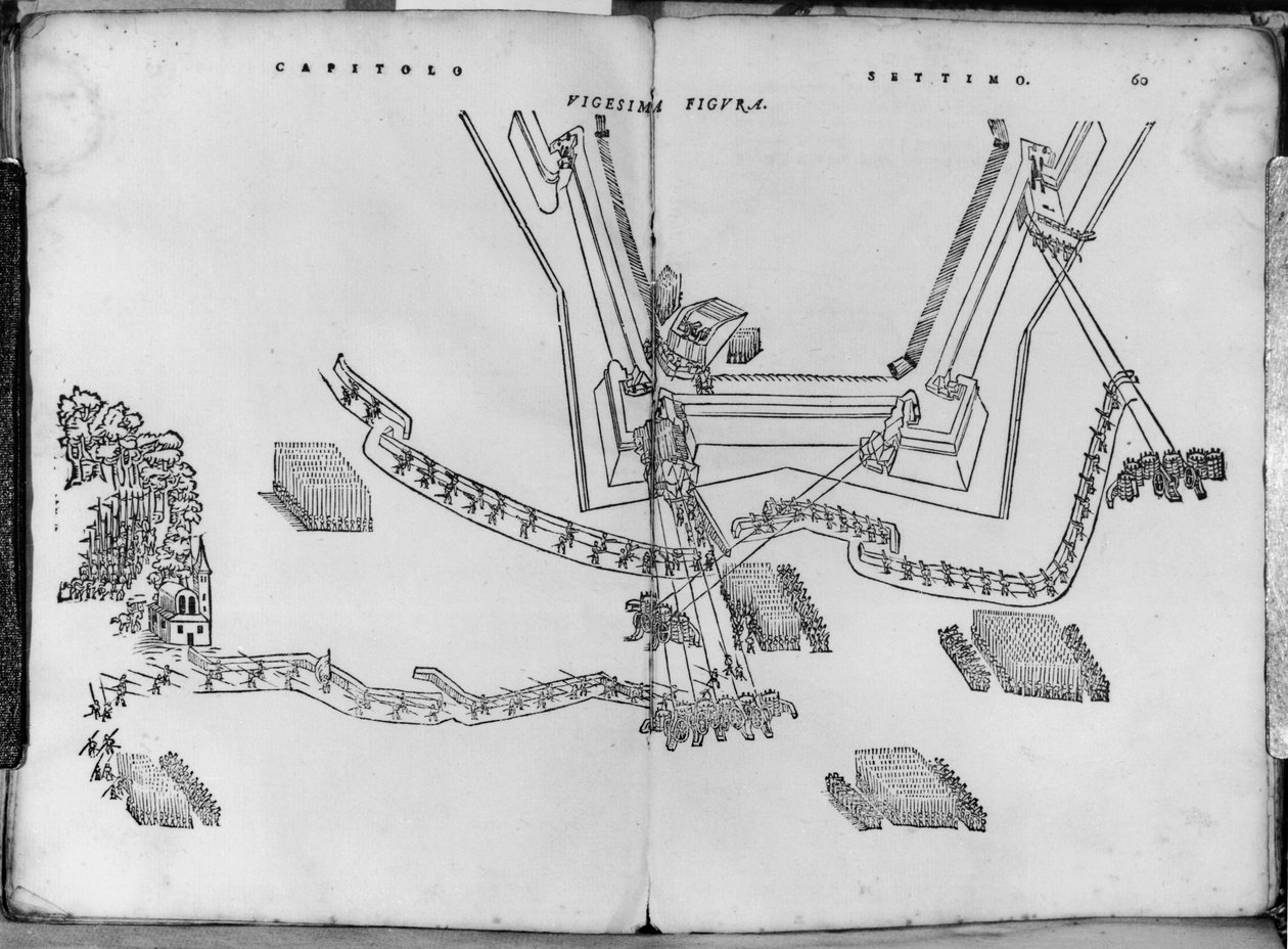 A tüzelőoszlopok beállítása és a falak szögének megválasztása, az Opera nuova di fortificare illusztrációja, Girolamo Cataneo Novarese (fl. 1540-84) Brescia, 1564 alkotó: Italian School
