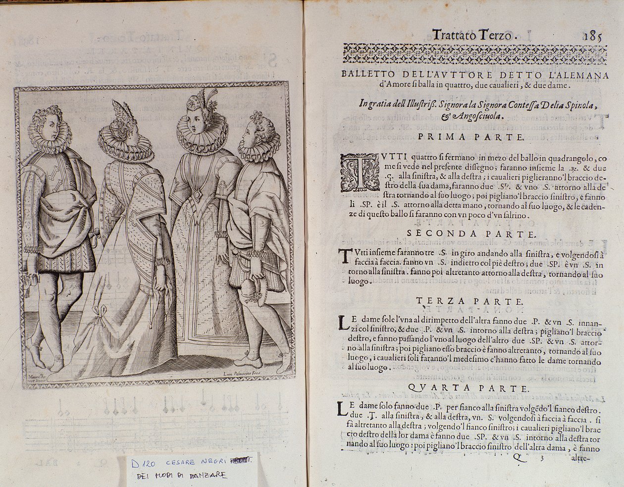 Hogyan kell táncolni az Alemannát A Le Gratie dAmore (Le Grazie dAmore) dupla oldala, Cesare Negri olasz táncostól, Il Trombone (1536-1604) címmel, a táncról szóló szerződés alkotó: Italian School