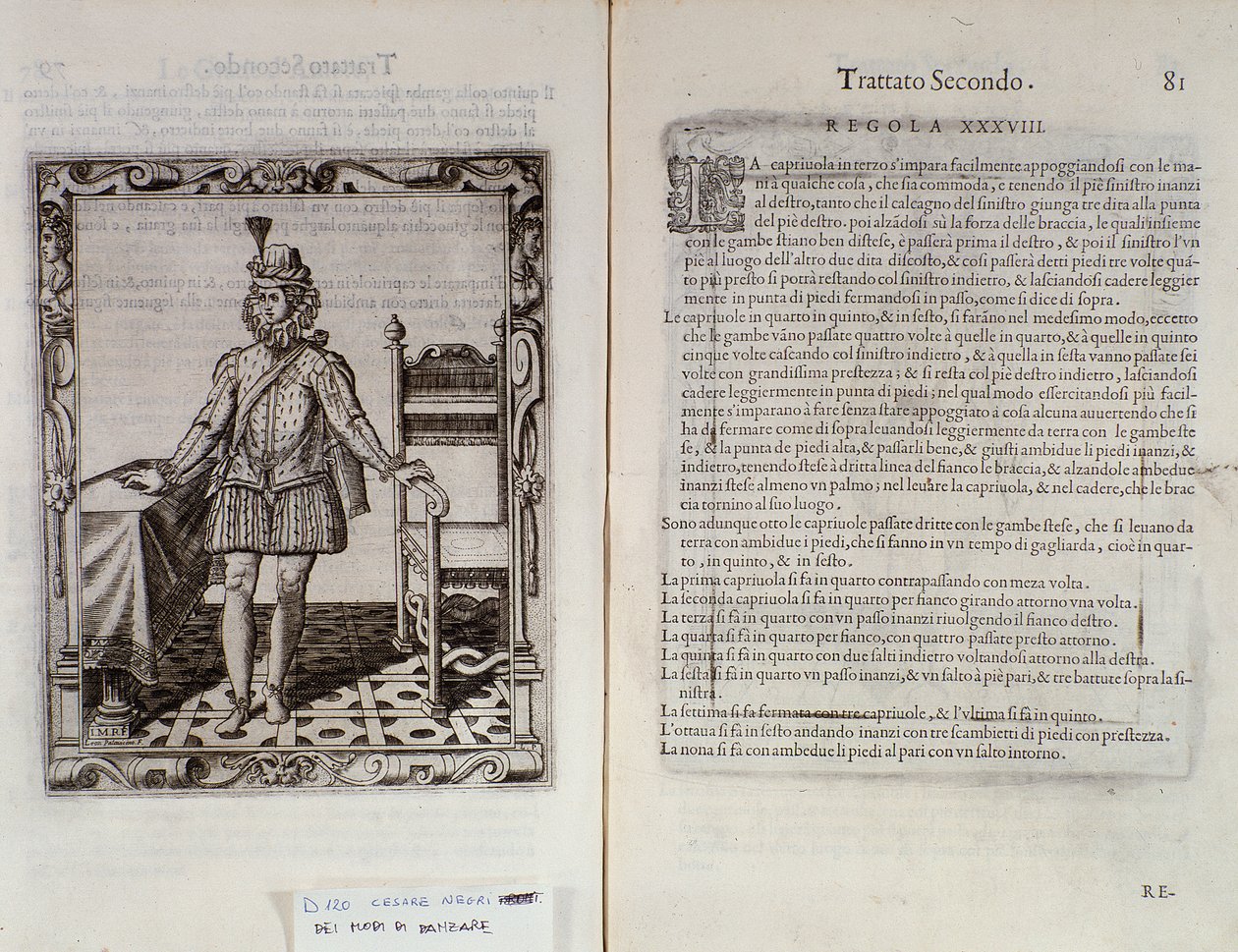 Hogyan táncoljunk kapriolát? A Le Gratie dAmore (Le Grazie dAmore) dupla oldala, Cesare Negri olasz táncostól, Il Trombone (1536-1604) címmel, a táncról szóló szerződés alkotó: Italian School