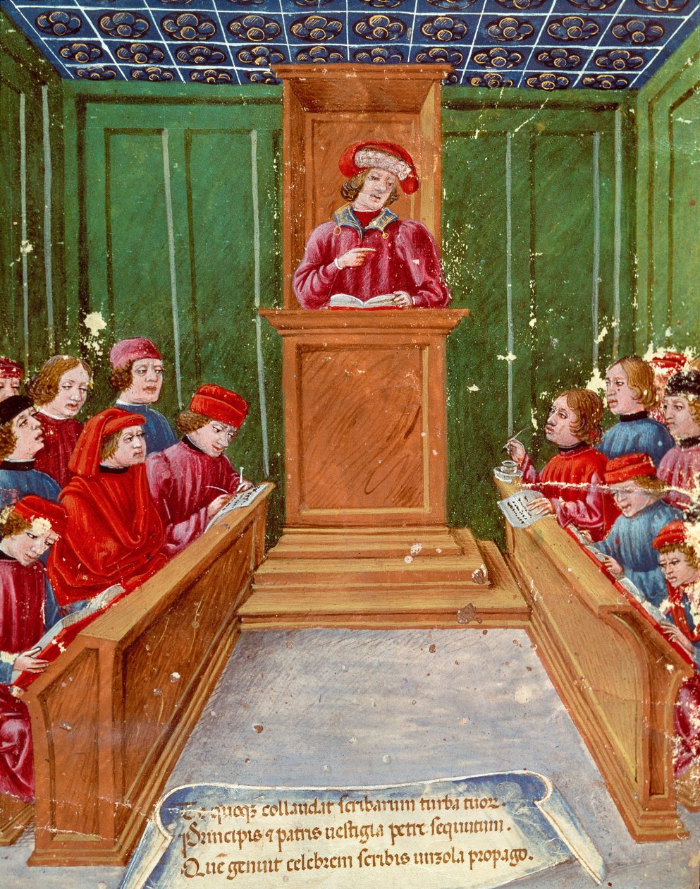 Humanizmus: "" Közjegyzői jog oktatása a Bolognai Egyetemen"" Miniatűr egy 15. századi kéziratból, Museo Civico, Bologna alkotó: Italian School