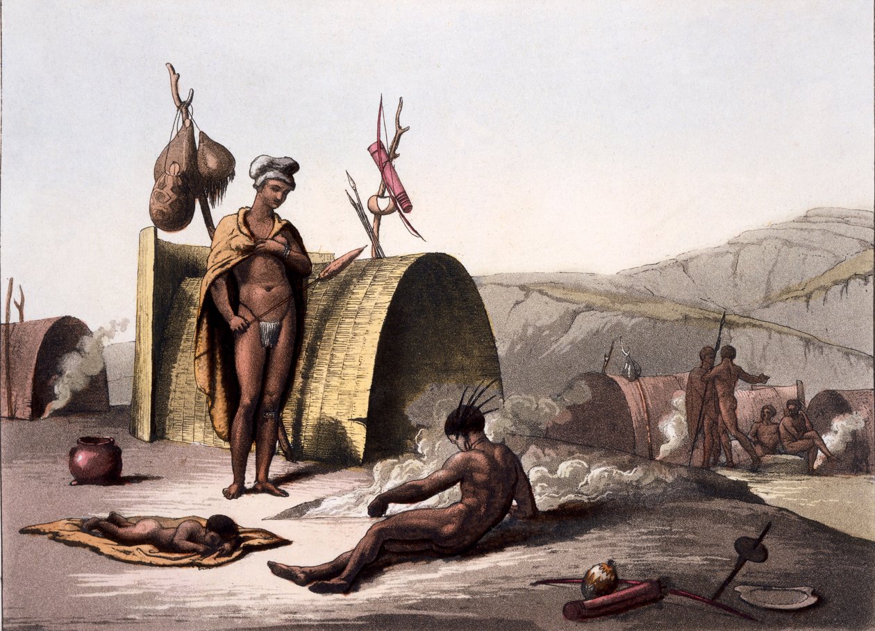 A busmen kunyhók és tábori életmód, a Costumi dei-ből..., Giulio Ferrario, 1820-30-as évek alkotó: Italian School
