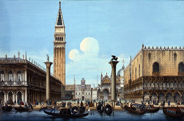 Il Molo, négy velencei jelenetből álló sorozatból, 1850 körül (kézzel színezett litó) alkotó: Italian School