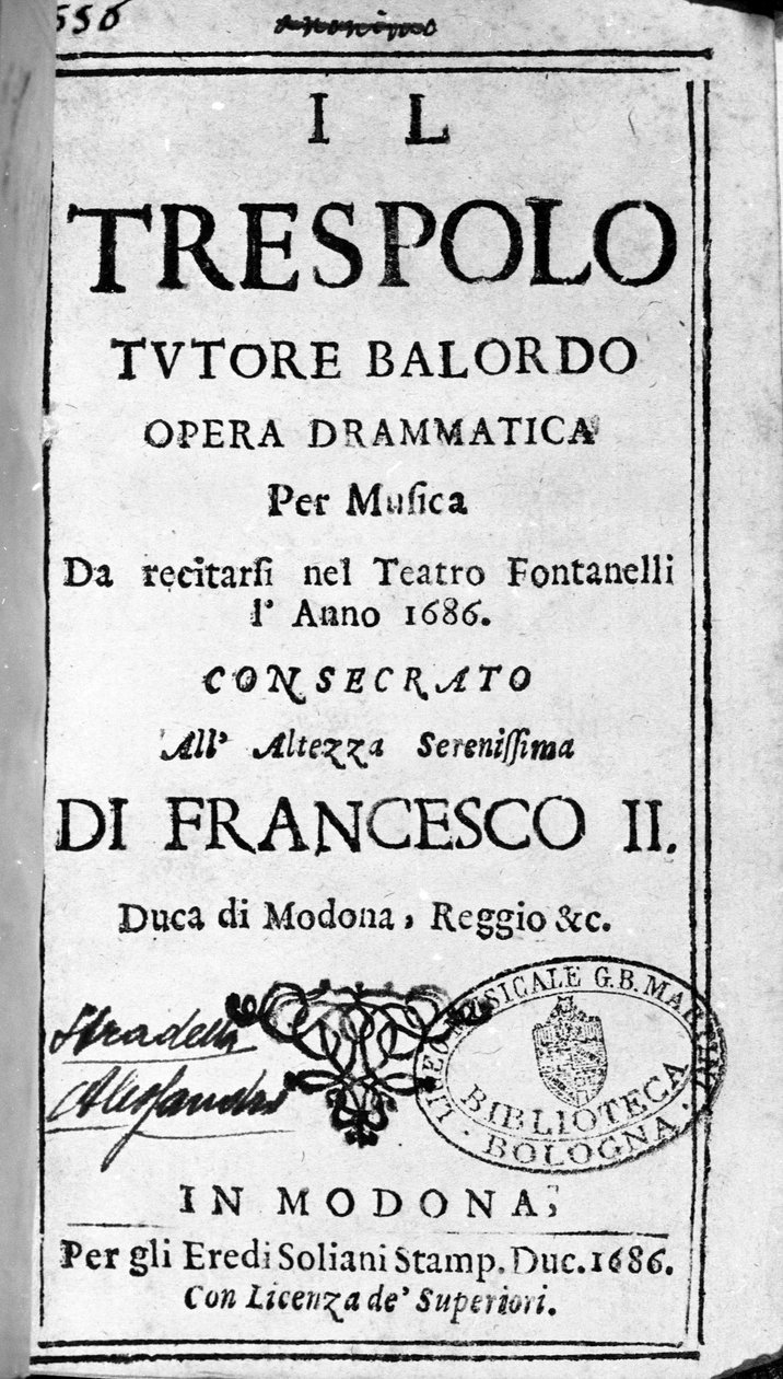 A sügér tutor bolond partitúrája Alessandro Stradella (1644 - 1682) olasz zeneszerző operájához. Modena 1688. alkotó: Italian School
