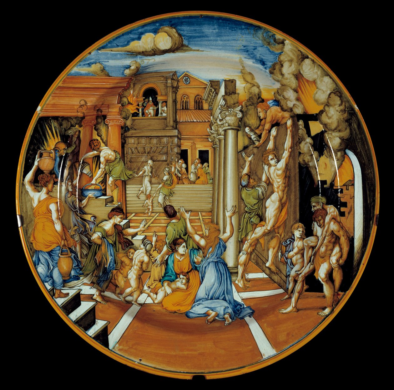 Homérosz Iliásza: Trója tüzét ábrázoló fajansztál. valósult meg Faenzában. 1525-1530. Párizs, Louvre Múzeum alkotó: Italian School