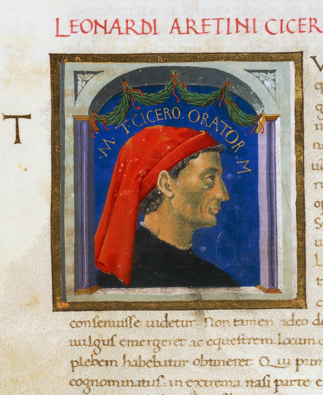Megvilágított oldal Cicero profiljával, I. kötet, bal 1, f 303 r, Vitae virorum illustrium, Plutarch (kb. 46-127), kézirat, Olaszország alkotó: Italian School