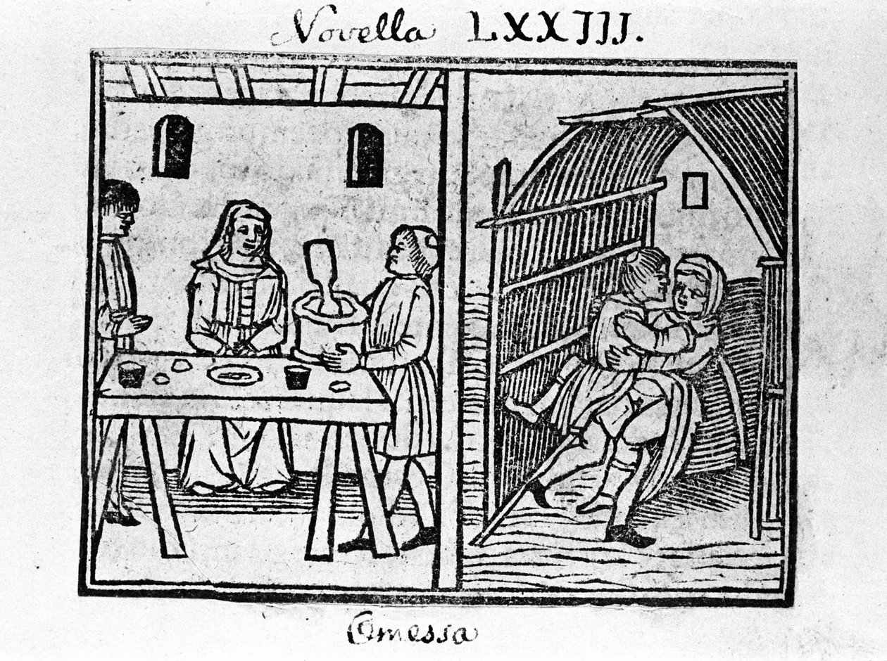 Illusztráció a „Dekameron” 73. híréhez (a nyolcadik nap új 3-a), Giovanni Boccaccio dit Jean Boccaccio (1313-1375), olasz író. Metszet: "" Decamerone ouer Cento nouelle "" Velence, Bartolomeo de 