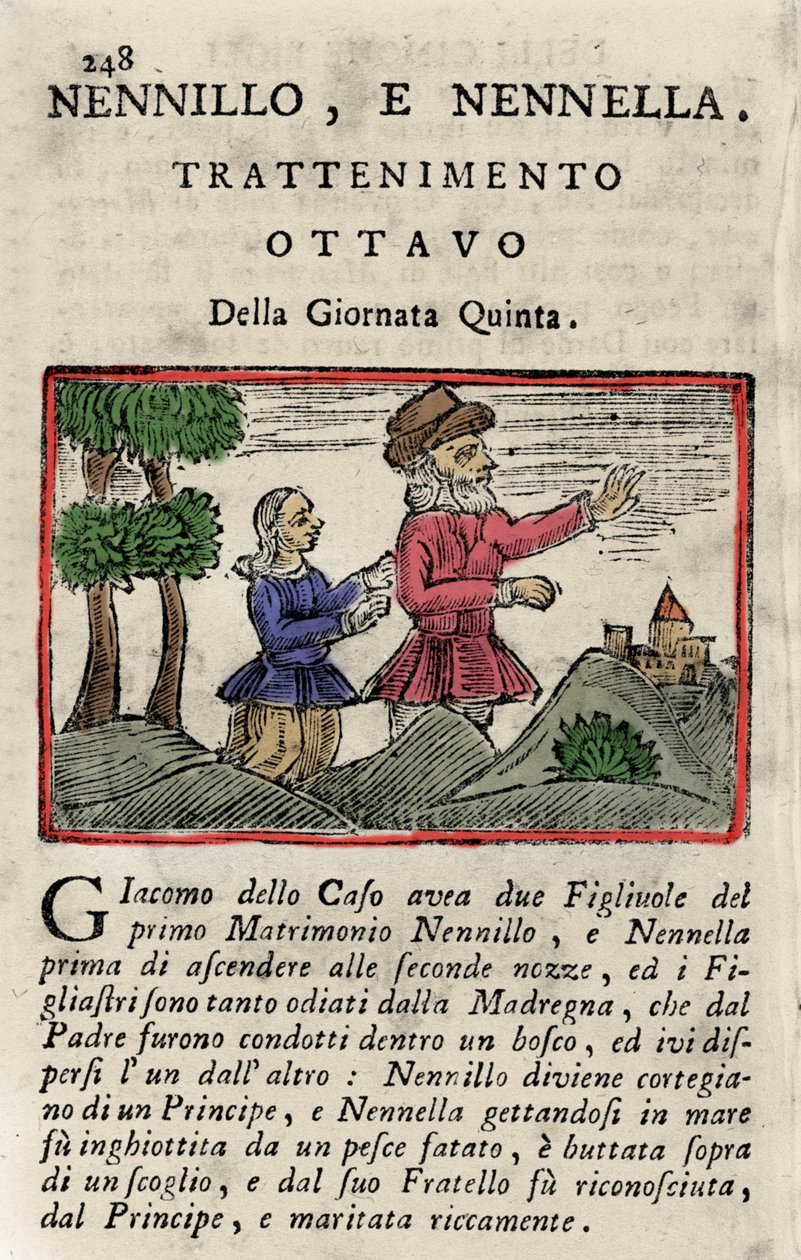Illusztráció Giambattista Basile (1575-1632) „” Poucet et Poucet (Nennillo e Nennella)””” meséjéhez a „” Pentamerone” könyvből”, v. nap, 8. mese. Nápolyi kiadások 1754. alkotó: Italian School