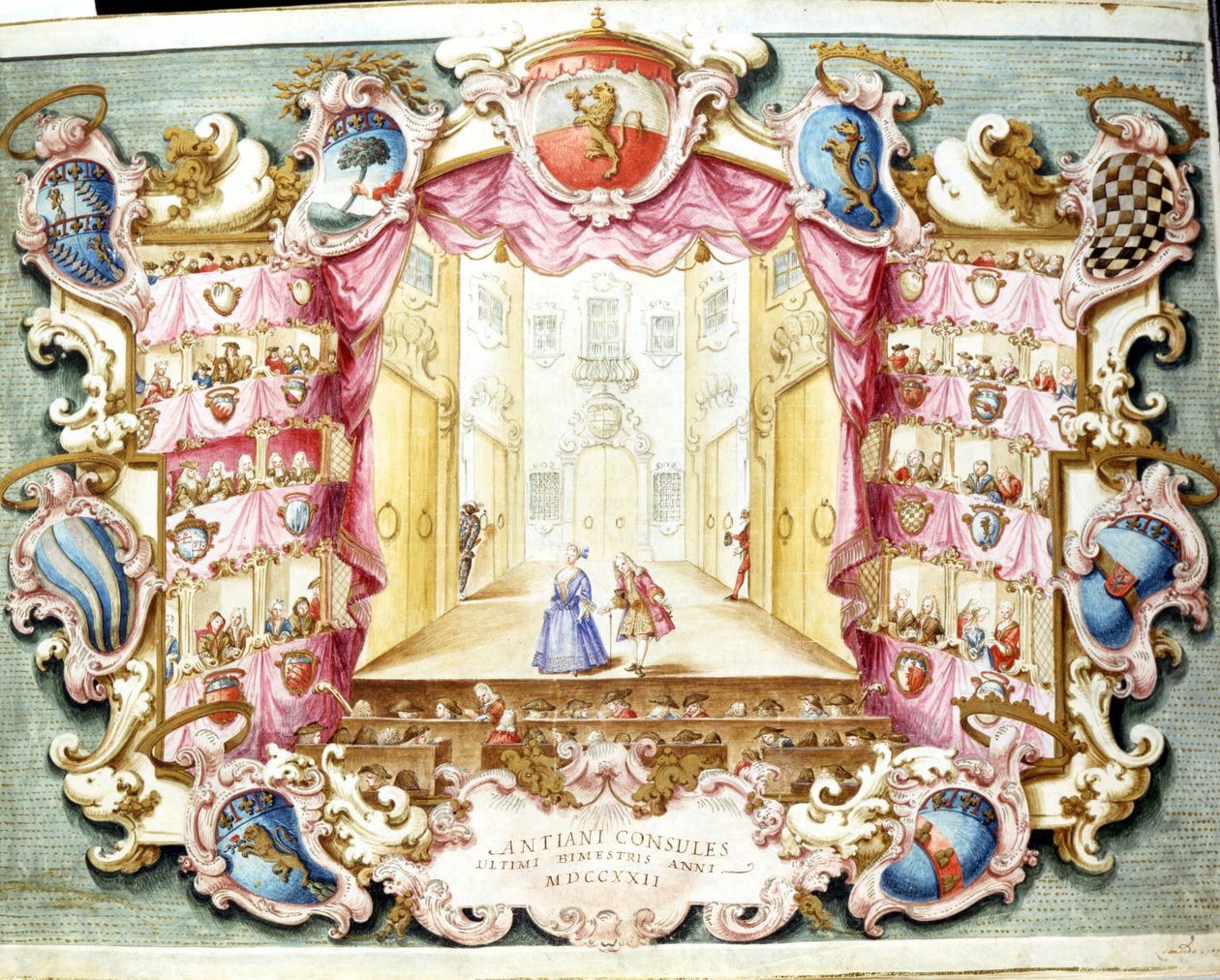 A bolognai Theatre de la Sala belseje 1722-ben. A korszak nyomtatványa. Állami Levéltár, Bologna. alkotó: Italian School