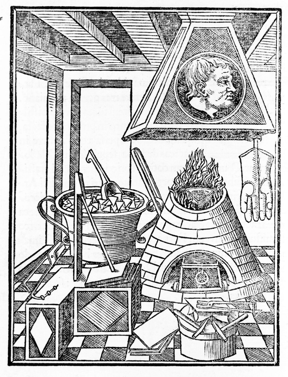 Egy kohászműhely belső képe Giovanni Agostino Pantheo (1517-1535) „Voarchadumia contra alchimiam ars differenta ab archimia et sophia.” című metszete alkotó: Italian School