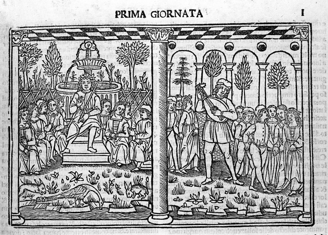 Bevezetés: a Dekameron szerzőjének ábrázolása tíz fiatalt vesz körül. Illusztráció a Dekameron első napjáról (1349-1351), Giovanni Boccaccio vagy Jean Boccace (1313-1375), metszet „” Decamerone ouer Cento nouelle”” Velence, Bartol alkotó: Italian School