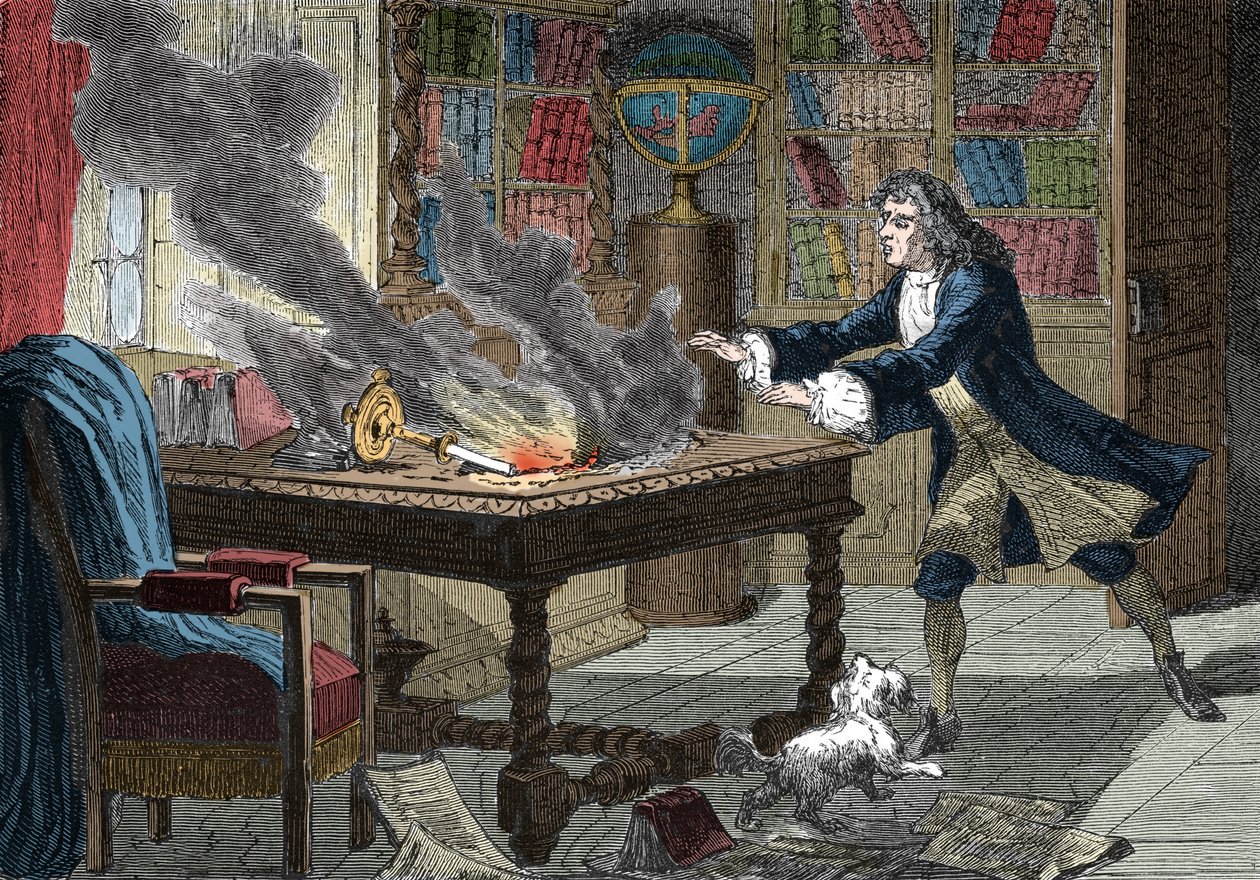 Isaac Newton kutyája leüt egy gyertyát és felgyújtja a papírjait alkotó: Italian School