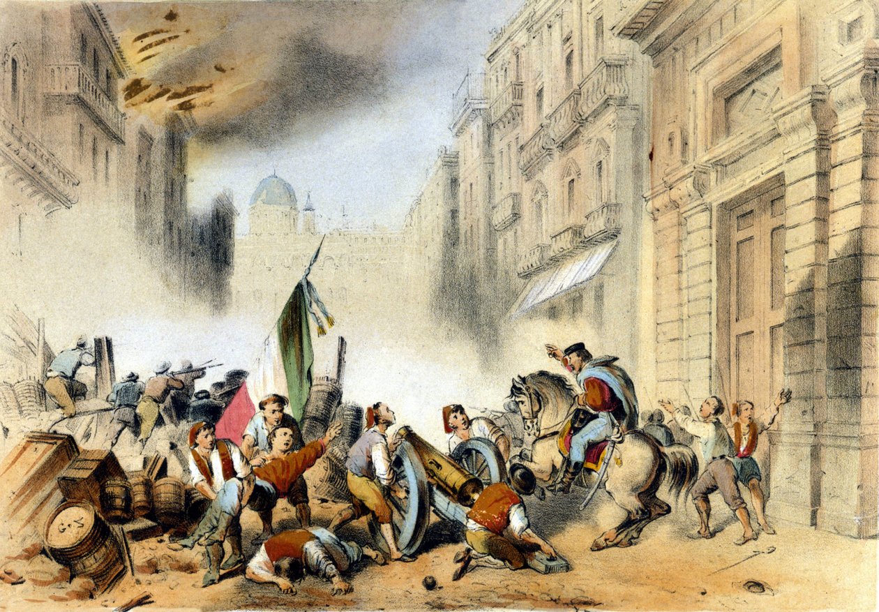 Olasz egyesülés: 1860.05.26-án Giuseppe Garibaldi vörösinges, az Ezer élén belépett a szicíliai Palermóba, és döntő csapást mért a nápolyi Bourbonok királyságára. századi metszet alkotó: Italian School