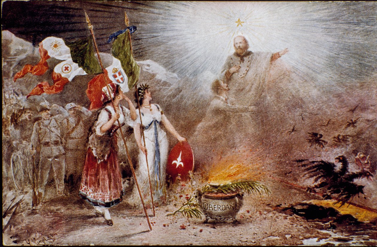 Olasz Unite: Giuseppe Garibaldi dicsőségével készült propaganda-képeslap, amely egy szentet ábrázol Guglielmo Oberdan, a nacionalista és irredenta, az alpesi és az osztrák sas jelenlétében. Magángyűjtemény alkotó: Italian School
