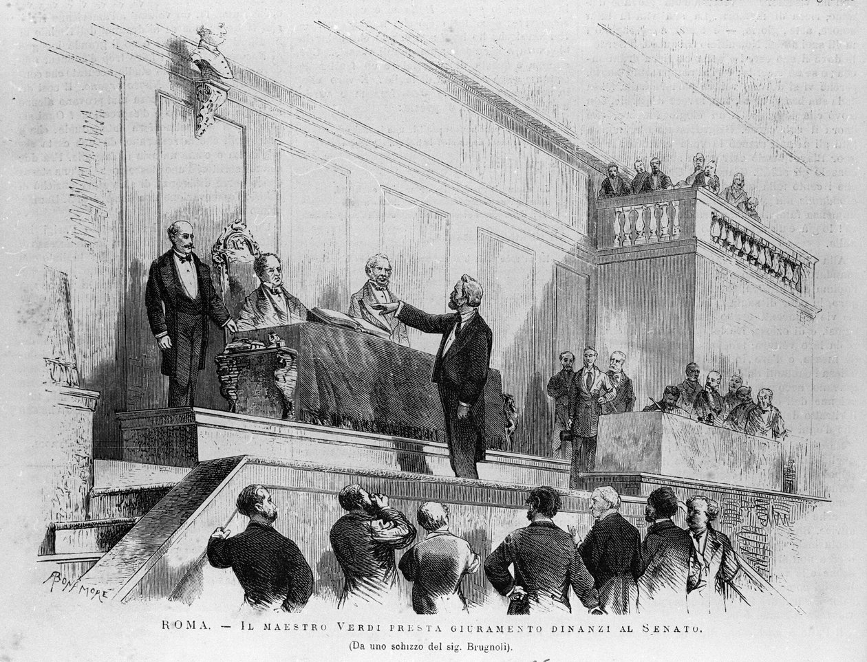 Giuseppe Verdi (1813-1901) olasz zeneszerző 1874-ben a római szenátus szenátorává nevezte ki. Metszet 1875-ből. alkotó: Italian School